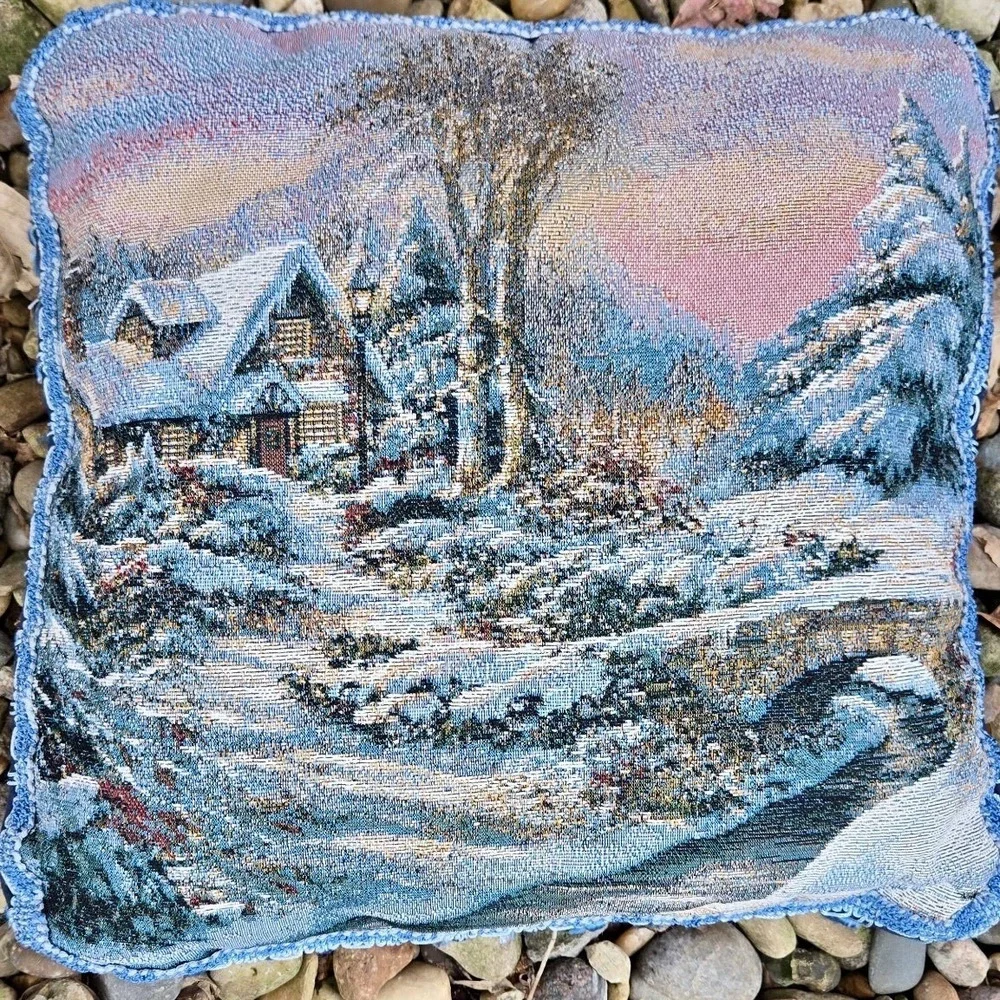 Winter‎ Cabin Tapestry Throw Pillow Winter Scene Home Decor Blue Tassels Holiday
